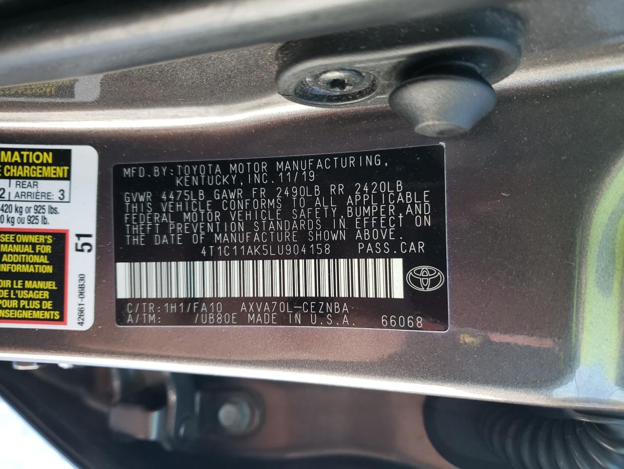 2020 Toyota Camry VIN 4T1C11AK5LU904158 Copart auction photo, front end damage thumbnail 12