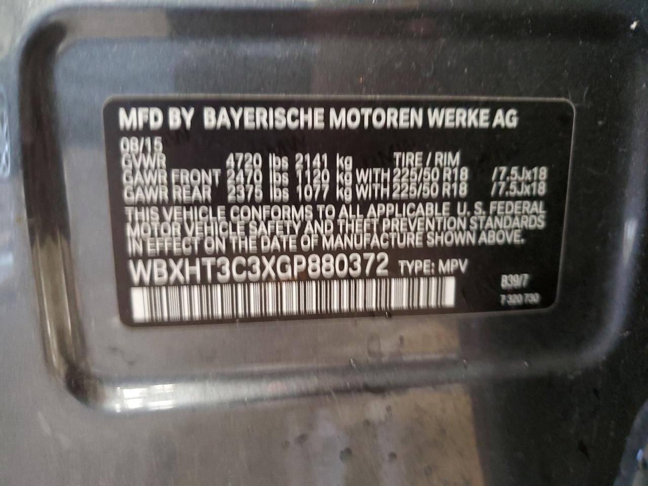 2016 BMW X1 VIN WBXHT3C3XGP880372 Copart auction photo, rear end damage thumbnail 13