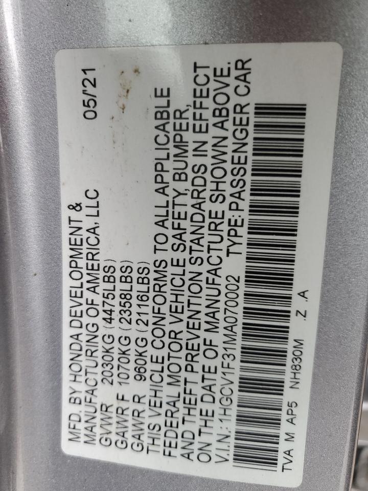 2021 Honda Accord VIN 1HGCV1F31MA070002 Copart auction photo, front end damage thumbnail 15