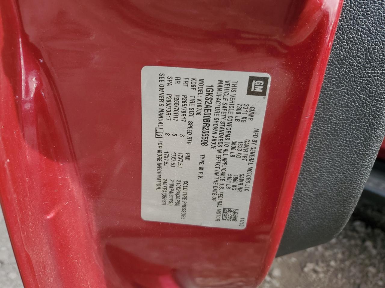 2011 GMC Yukon VIN 1GKS2AE00BR206598 Copart auction photo, side damage thumbnail 15