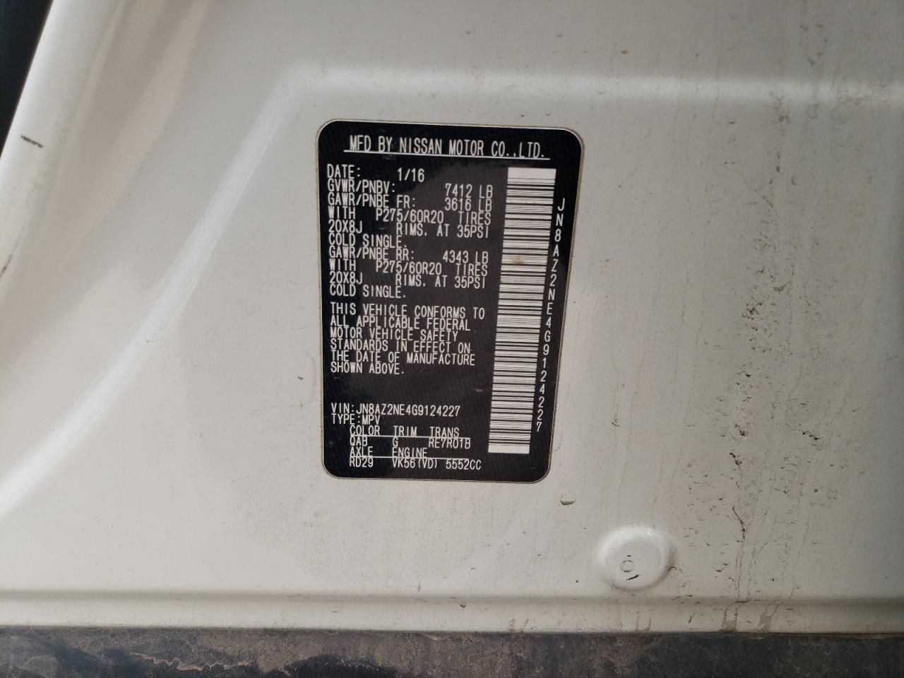 2016 Infiniti QX80 VIN JN8AZ2NE4G9124227 Copart auction photo, side damage thumbnail 14