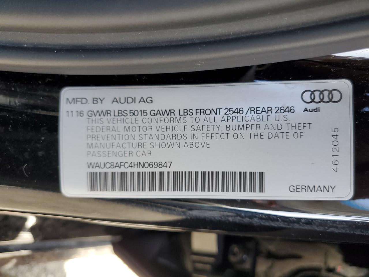 2017 Audi A6 VIN WAUC8AFC4HN069847 Copart auction photo, front end / minor dent/scratches damage thumbnail 12