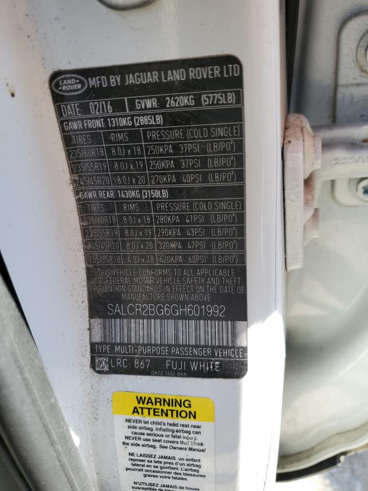 2016 Land Rover Discovery VIN SALCR2BG6GH601992 Copart auction photo, side / front end damage thumbnail 13