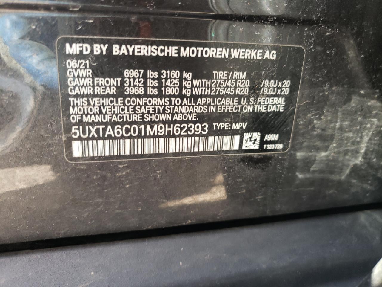 2021 BMW X5 VIN 5UXTA6C01M9H62393 Copart auction photo, front end / rear end damage thumbnail 13
