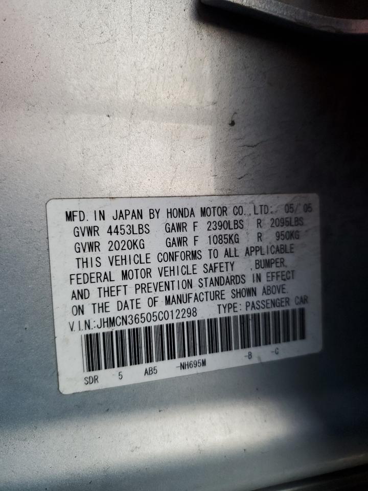2005 Honda Accord VIN JHMCN36505C012298 Copart auction photo, rear end / side damage thumbnail 13