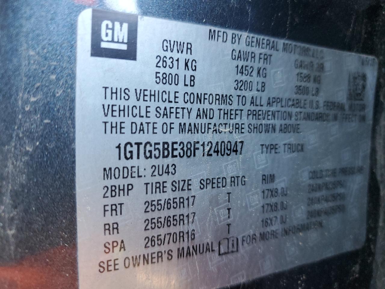 2015 GMC Canyon VIN 1GTG5BE38F1240947 Copart auction photo, front end / side damage thumbnail 14