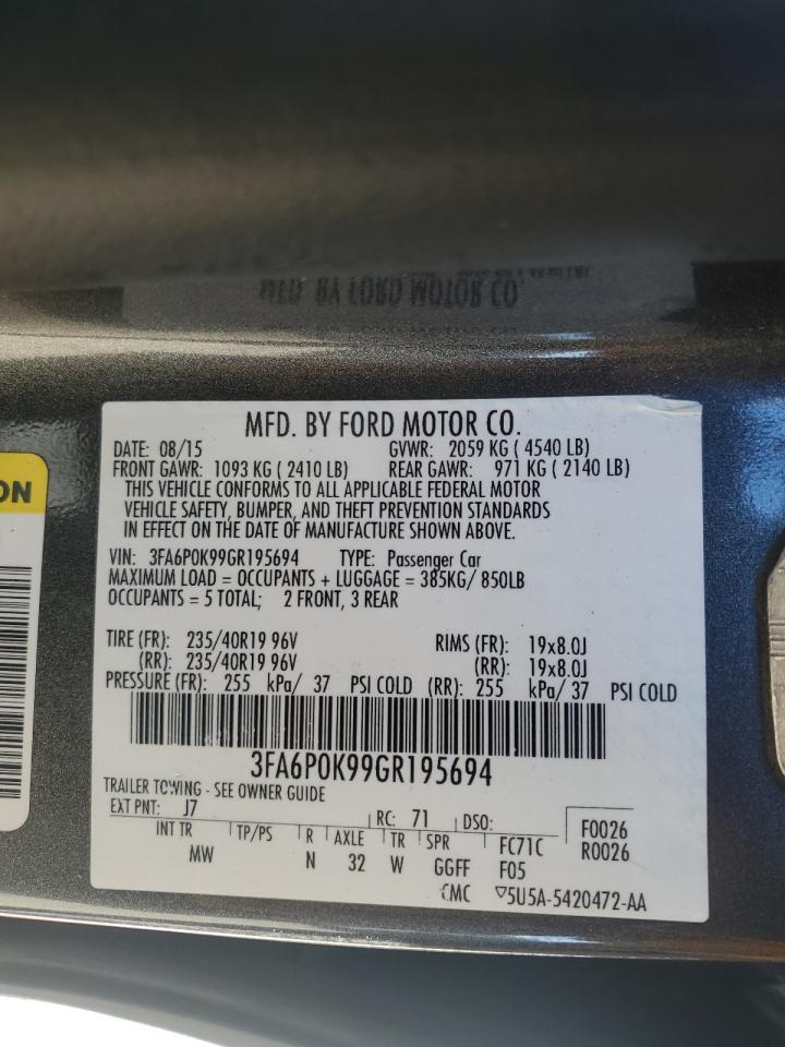 2016 Ford Fusion VIN 3FA6P0K99GR195694 Copart auction photo, rear end damage thumbnail 12