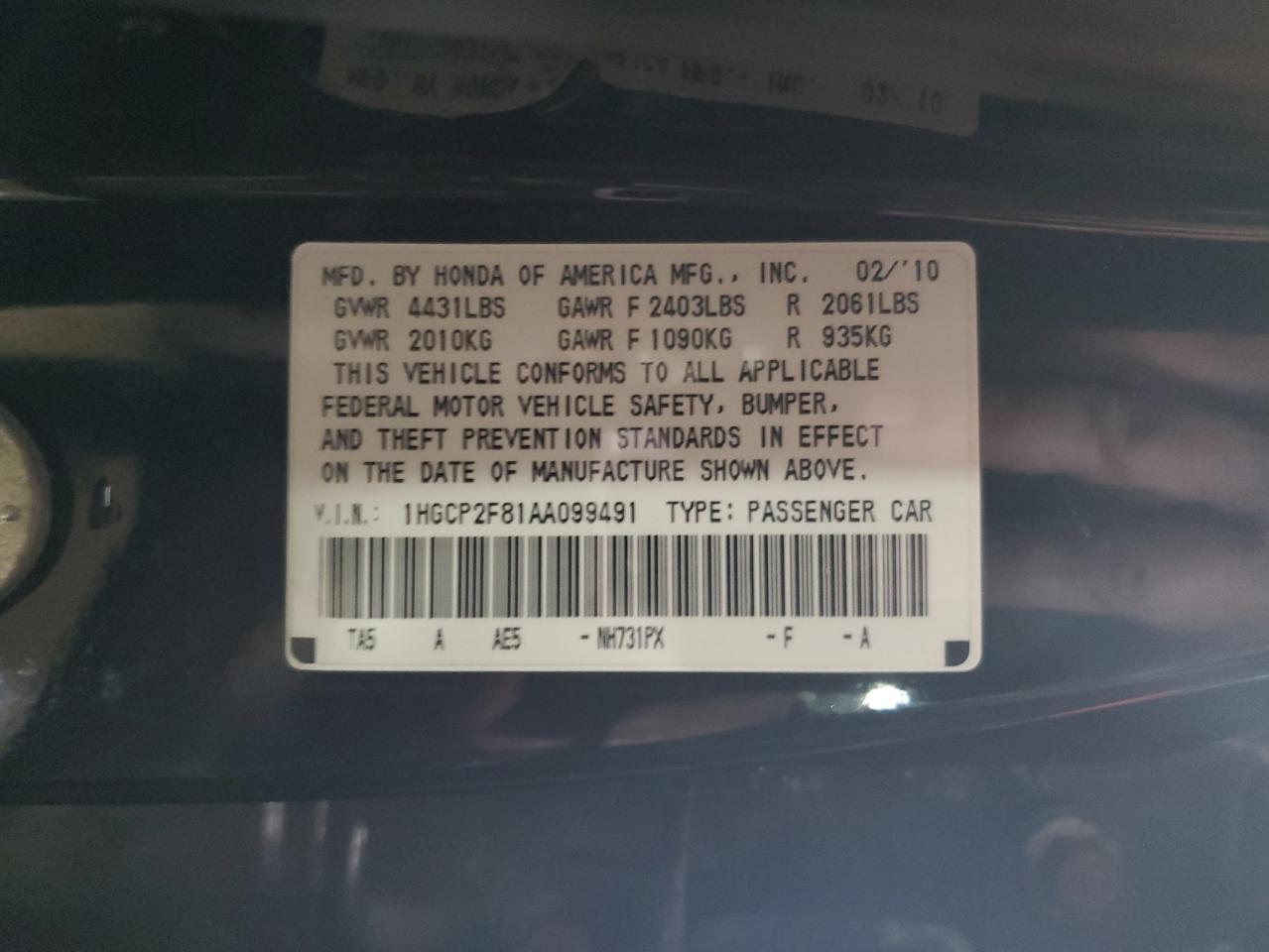 2010 Honda Accord VIN 1HGCP2F81AA099491 Copart auction photo, front end damage thumbnail 12