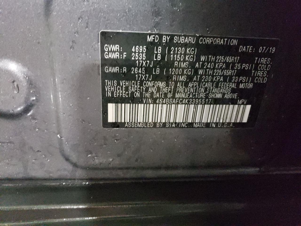 2019 Subaru Outback VIN 4S4BSAFC4K3395517 Copart auction photo, front end damage thumbnail 14