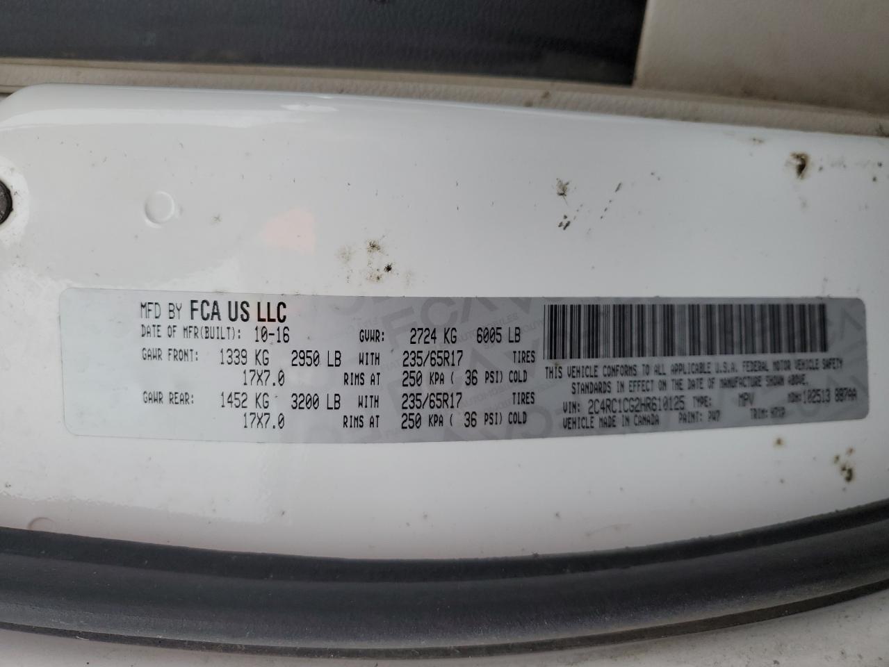 2017 Chrysler Pacifica VIN 2C4RC1CG2HR610125 Copart auction photo, front end damage thumbnail 14