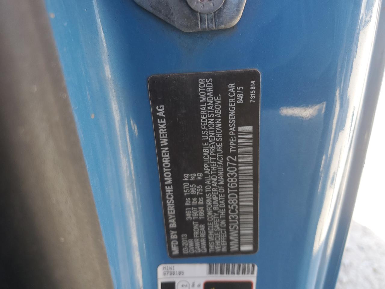2013 MINI Cooper VIN WMWSU3C58DT683072 Copart auction photo, front end / top/roof damage thumbnail 15