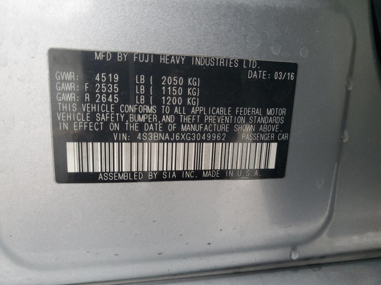 2016 Subaru Legacy VIN 4S3BNAJ6XG3049962 Copart auction photo, all over damage thumbnail 13