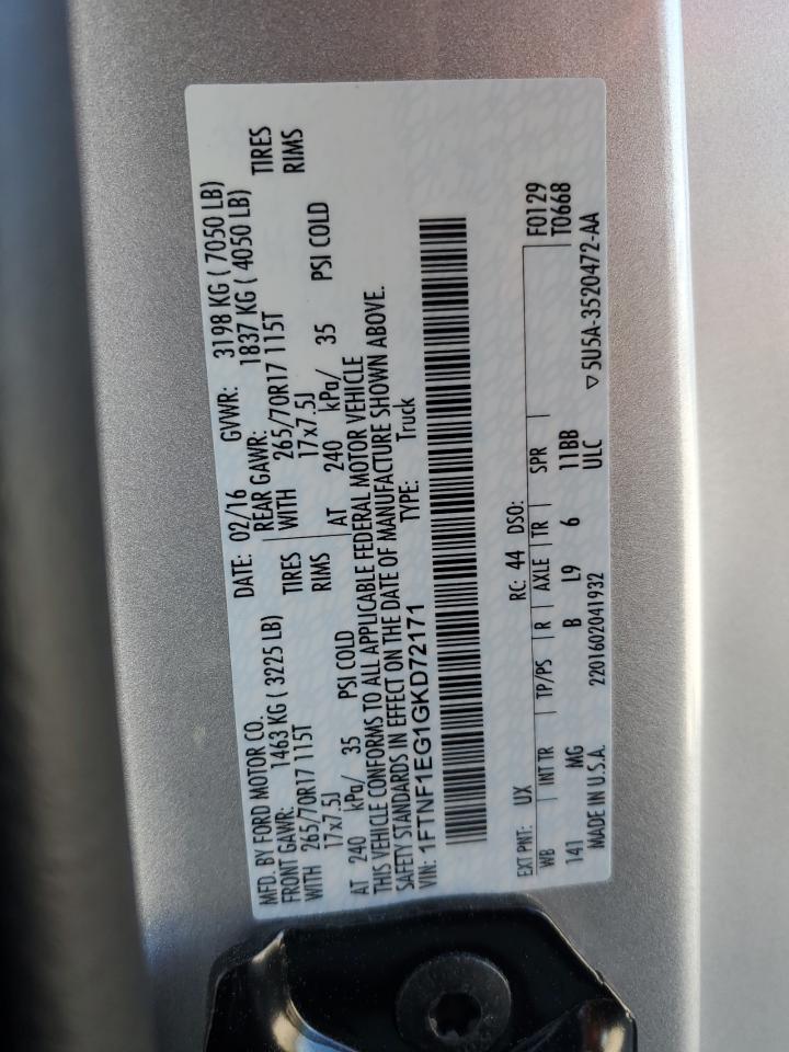 2016 Ford F-150 VIN 1FTNF1EG1GKD72171 Copart auction photo, front end / side damage thumbnail 12