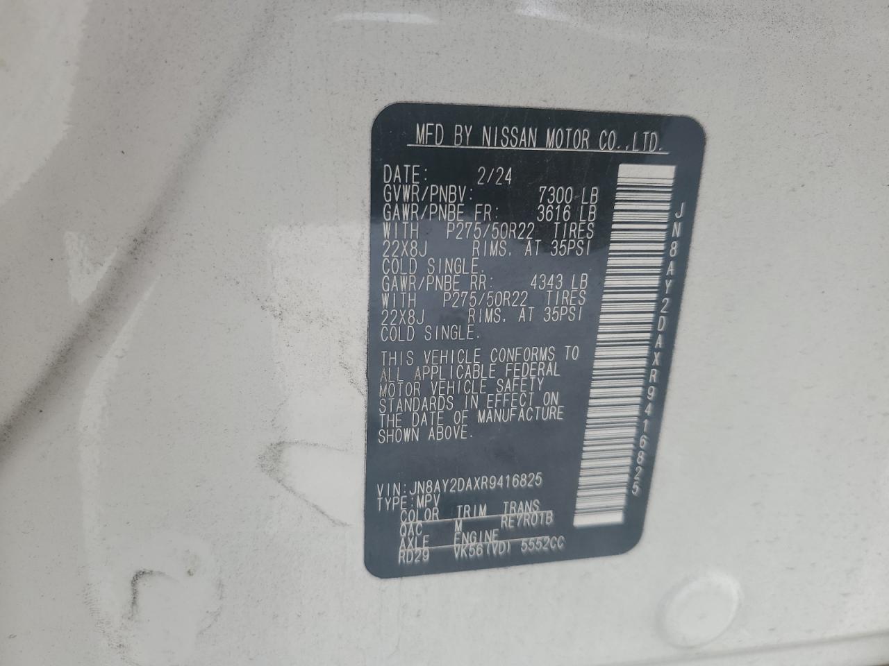 2024 Nissan Armada VIN JN8AY2DAXR9416825 Copart auction photo, front end / side damage thumbnail 14