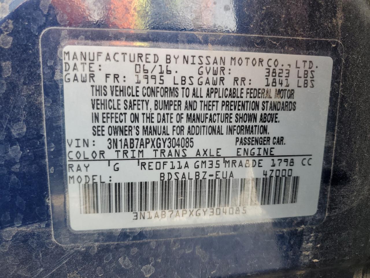 2016 Nissan Sentra VIN 3N1AB7APXGY304085 Copart auction photo, front end / side damage thumbnail 12