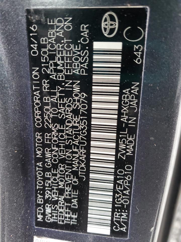 2016 Toyota Prius VIN JTDKARFU7G3517079 Copart auction photo, front end / mechanical damage thumbnail 14