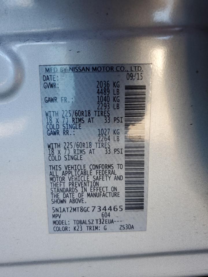 2016 Nissan Rogue VIN 5N1AT2MT8GC734465 Copart auction photo, front end / side damage thumbnail 14