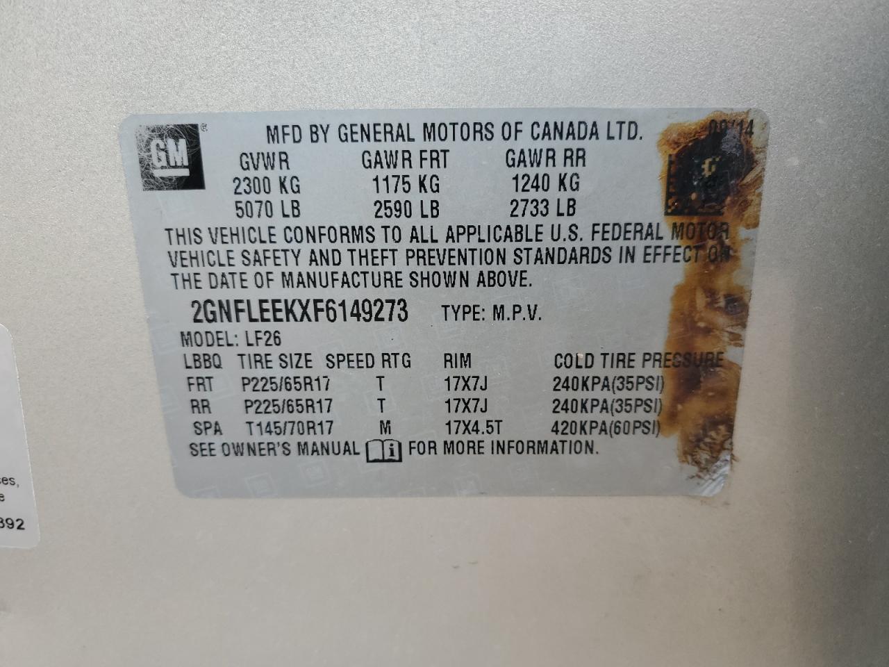 2015 Chevrolet Equinox VIN 2GNFLEEKXF6149273 Copart auction photo, front end damage thumbnail 13
