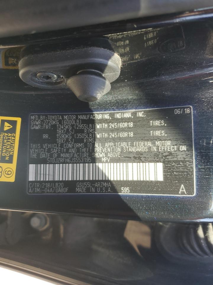 2018 Toyota Highlander VIN 5TDJZRFH6JS553195 Copart auction photo, front end / rear end damage thumbnail 13