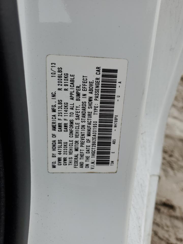 2014 Honda Accord VIN 1HGCT2B82EA001950 Copart auction photo, side / rear end damage thumbnail 12