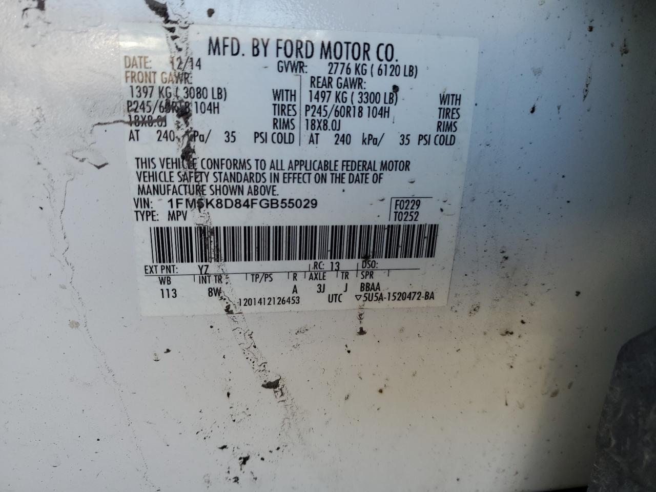 2015 Ford Explorer VIN 1FM5K8D84FGB55029 Copart auction photo, front end / burn - interior damage thumbnail 14