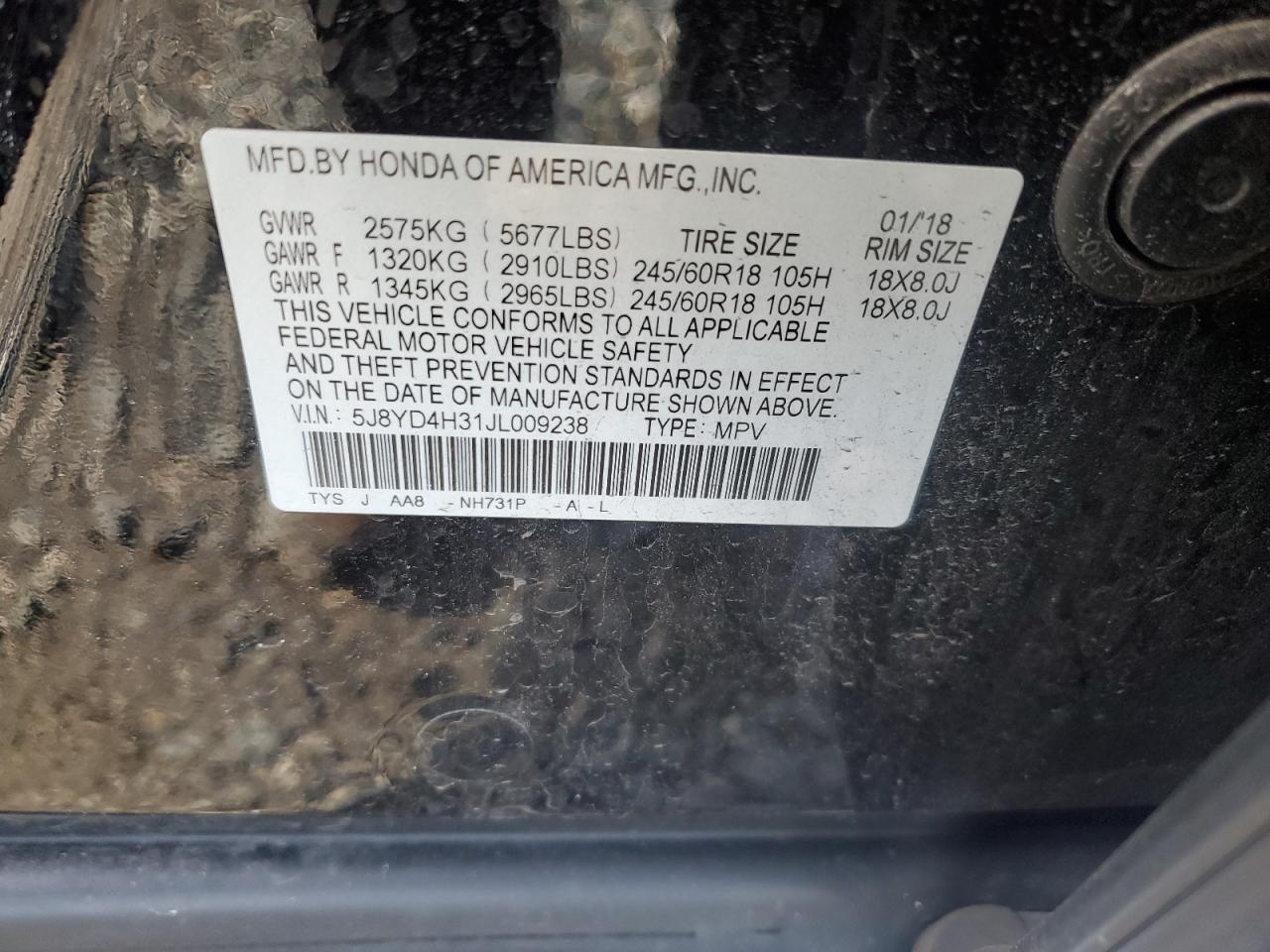 2018 Acura MDX VIN 5J8YD4H31JL009238 Copart auction photo, minor dent/scratches damage thumbnail 13