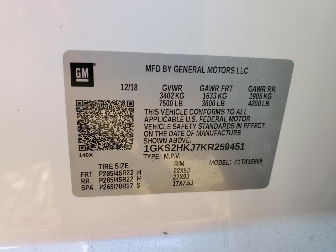 2019 GMC Yukon VIN 1GKS2HKJ7KR259451 Copart auction photo, front end damage thumbnail 15