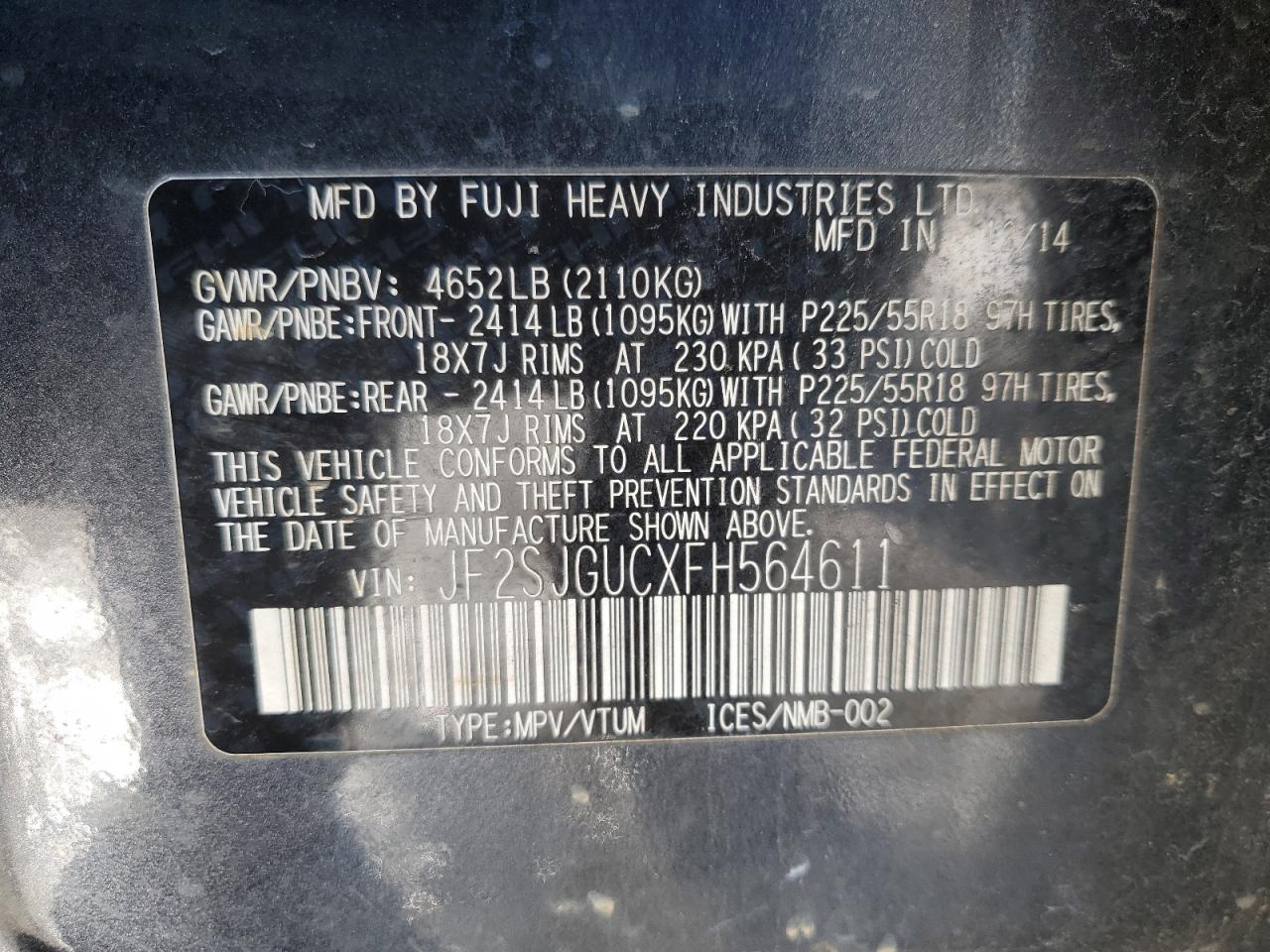 2015 Subaru Forester VIN JF2SJGUCXFH564611 Copart auction photo, minor dent/scratches damage thumbnail 13