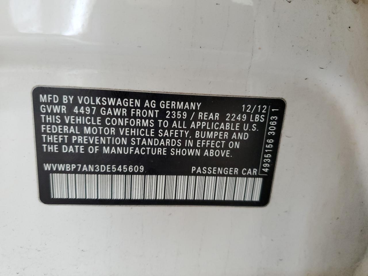 2013 Volkswagen Passat CC VIN WVWBP7AN3DE545609 Copart auction photo, rear end / side damage thumbnail 13
