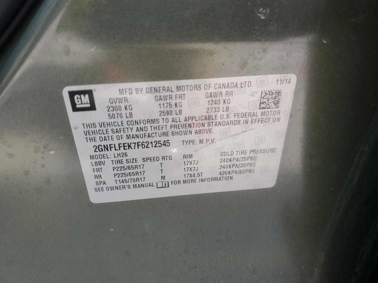 2015 Chevrolet Equinox VIN 2GNFLFEK7F6212545 Copart auction photo, side damage thumbnail 13