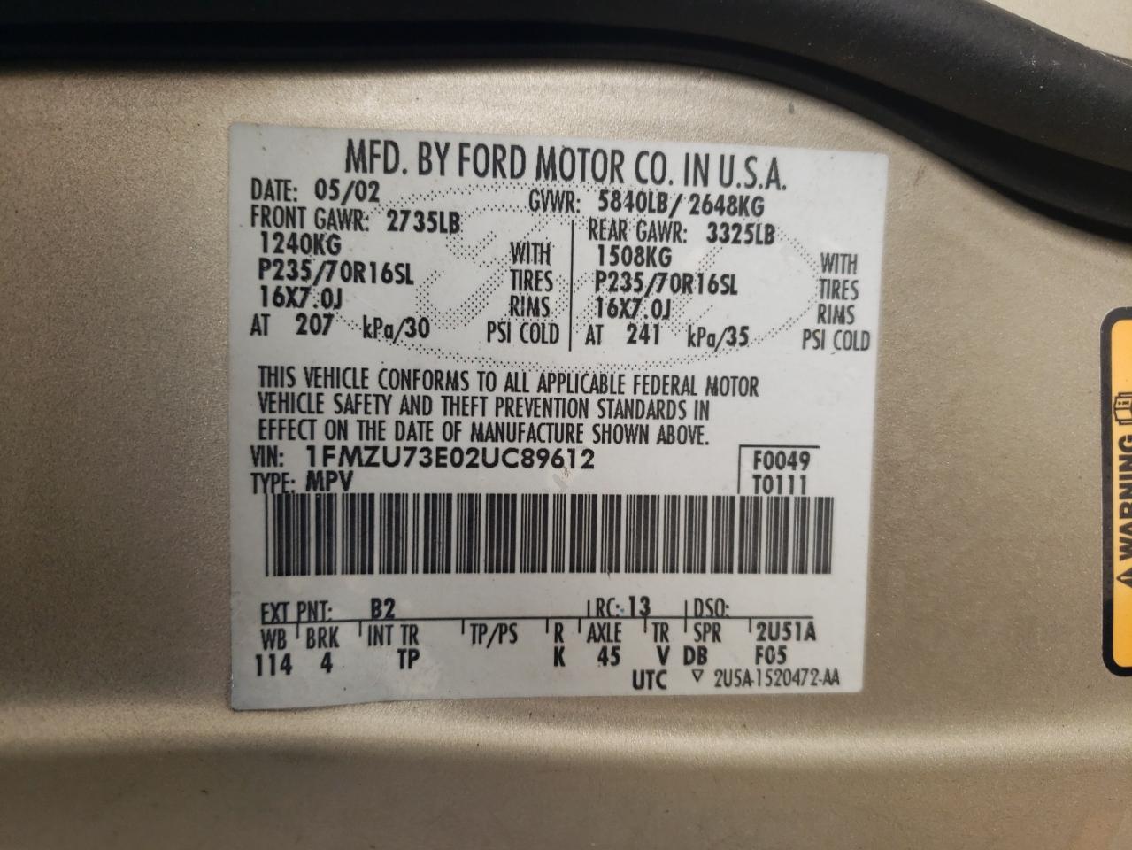 2002 Ford Explorer VIN 1FMZU73E02UC89612 Copart auction photo, all over / burn damage thumbnail 14