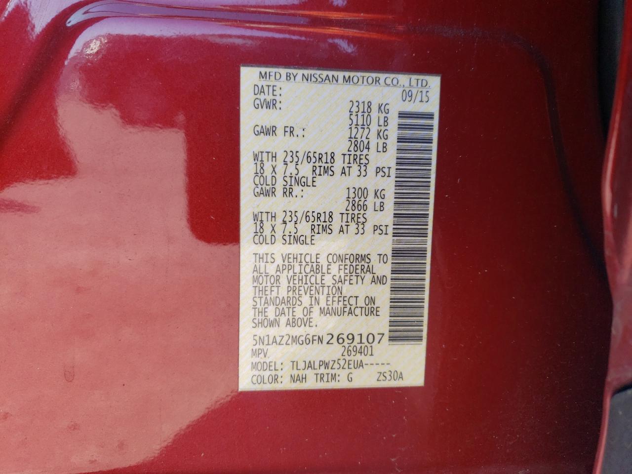 2015 Nissan Murano VIN 5N1AZ2MG6FN269107 Copart auction photo, front end damage thumbnail 15