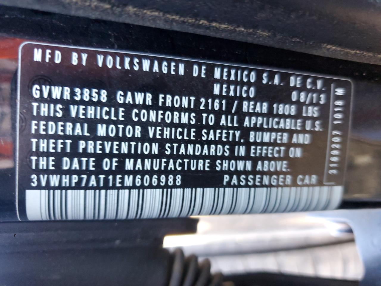 2014 Volkswagen Beetle VIN 3VWHP7AT1EM606988 Copart auction photo, all over damage thumbnail 12