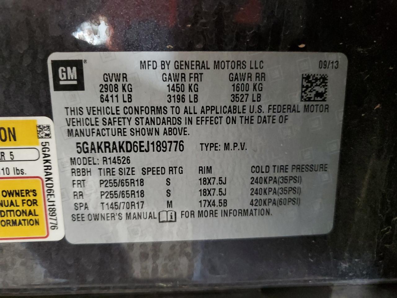 2014 Buick Enclave VIN 5GAKRAKD6EJ189776 Copart auction photo, side damage thumbnail 13