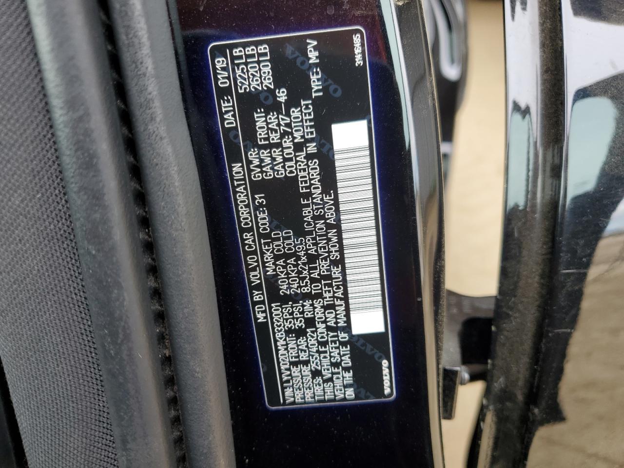 2019 Volvo XC60 VIN LYV102DM1KB332001 Copart auction photo, rear end damage thumbnail 13