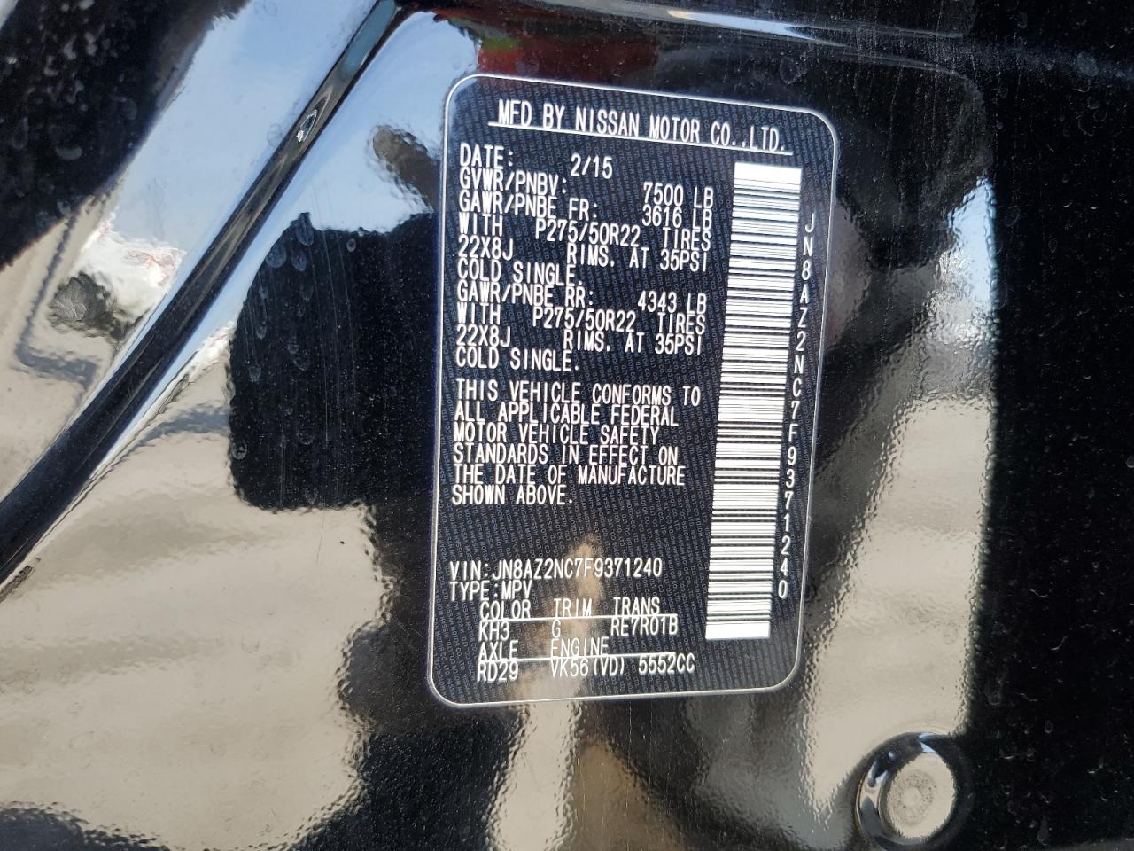 2015 Infiniti QX80 VIN JN8AZ2NC7F9371240 Copart auction photo, front end damage thumbnail 12