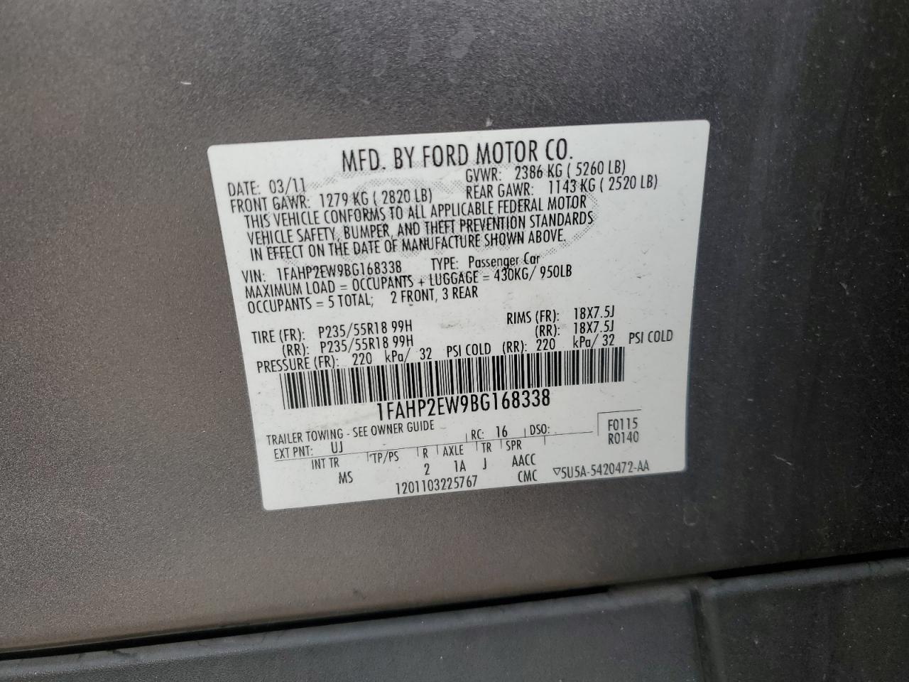 2011 Ford Taurus VIN 1FAHP2EW9BG168338 Copart auction photo, front end damage thumbnail 15