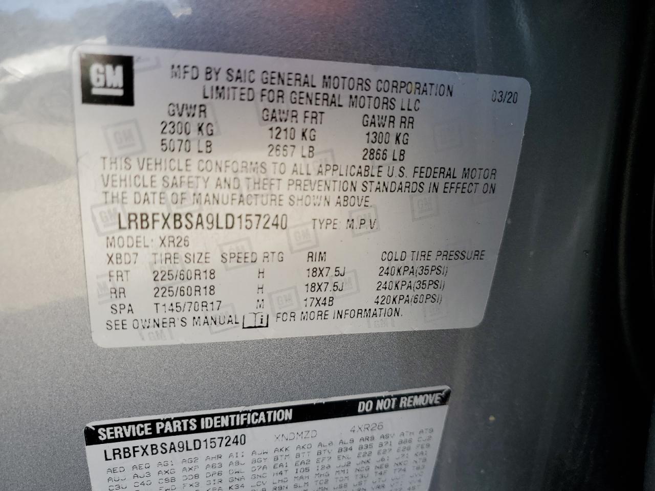 2020 Buick Envision VIN LRBFXBSA9LD157240 Copart auction photo, all over damage thumbnail 15