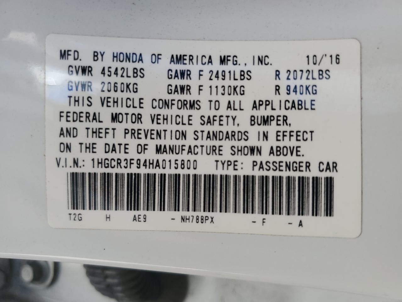 2017 Honda Accord VIN 1HGCR3F94HA015800 Copart auction photo, front end damage thumbnail 12
