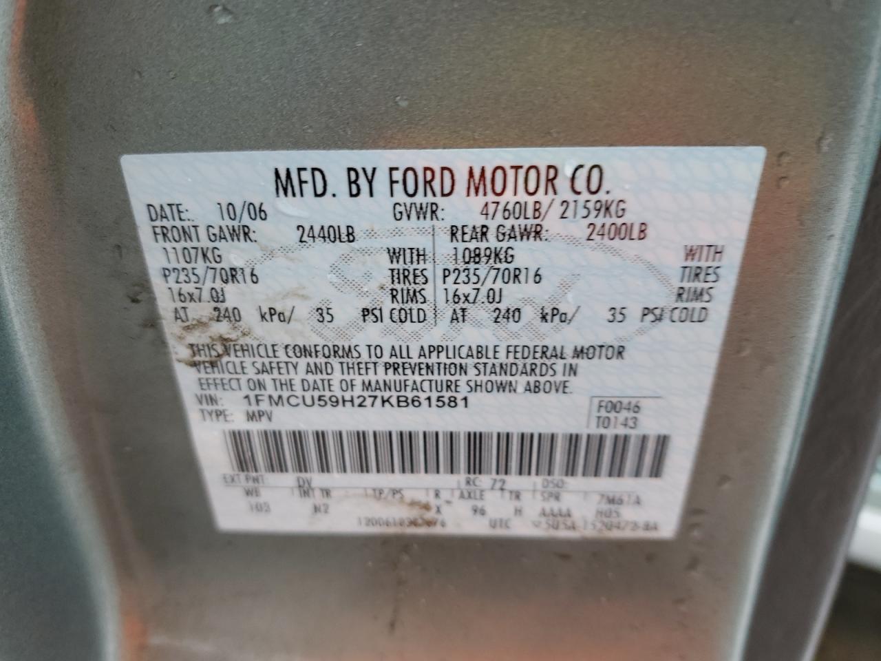 2007 Ford Escape VIN 1FMCU59H27KB61581 Copart auction photo, front end damage thumbnail 13