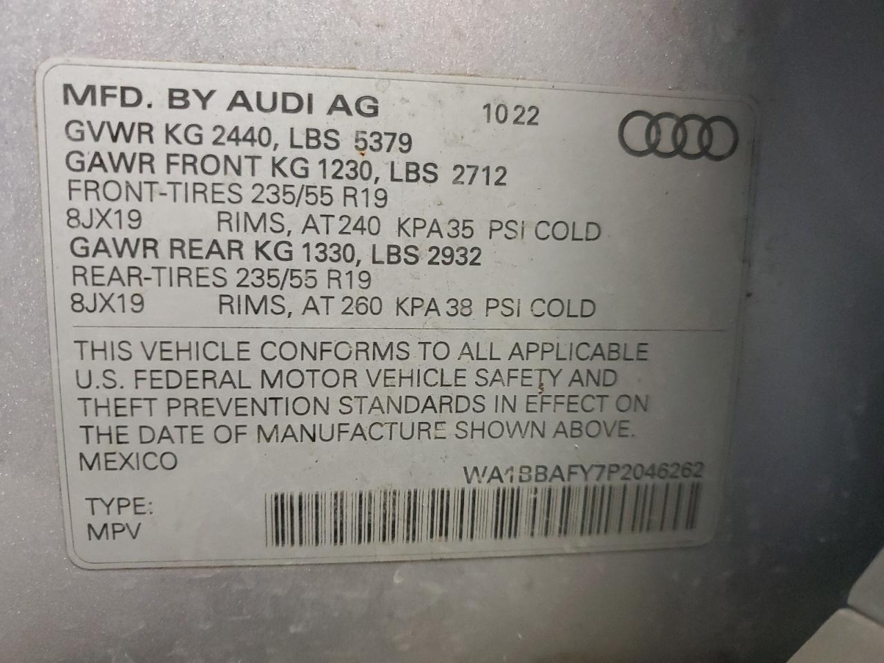 2023 Audi Q5 VIN WA1BBAFY7P2046262 Copart auction photo, front end / side damage thumbnail 16