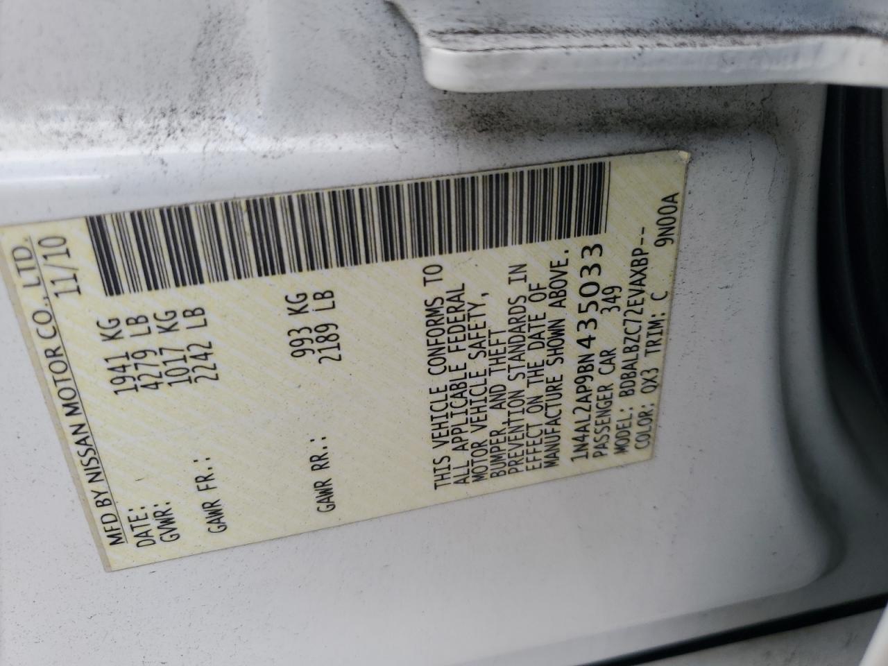 2011 Nissan Altima VIN 1N4AL2AP9BN435033 Copart auction photo, front end damage thumbnail 12