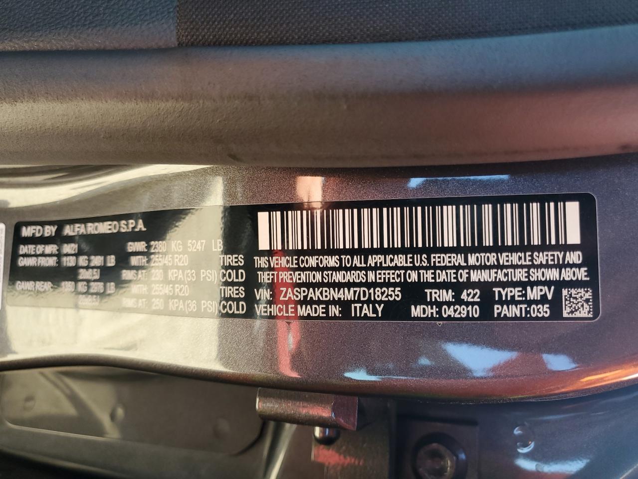 2021 Alfa Romeo Stelvio VIN ZASPAKBN4M7D18255 Copart auction photo, front end / rear end damage thumbnail 13