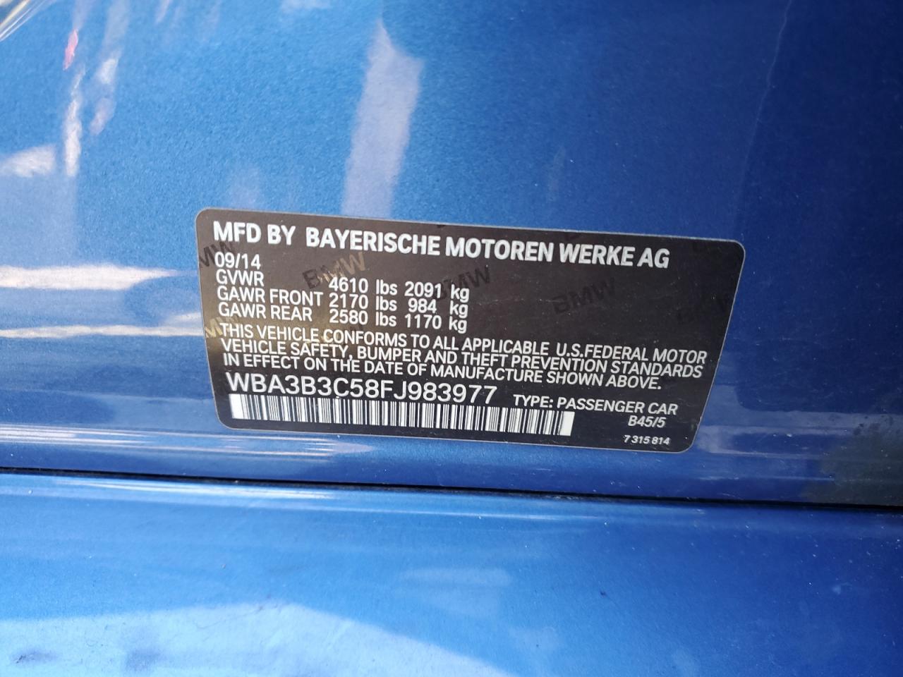 2015 BMW 3er VIN WBA3B3C58FJ983977 Copart auction photo, all over damage thumbnail 13