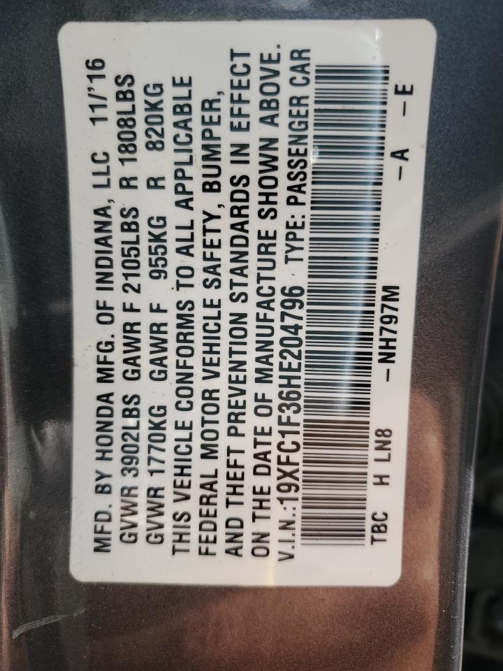 2017 Honda Civic VIN 19XFC1F36HE204796 Copart auction photo, side / front end damage thumbnail 12