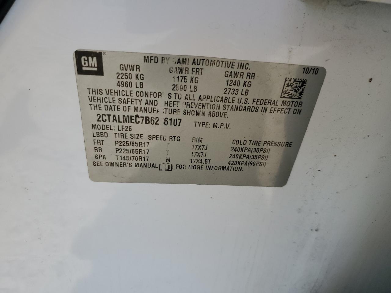2011 GMC Terrain VIN 2CTALMEC7B6256107 Copart auction photo, vandalism / all over damage thumbnail 13