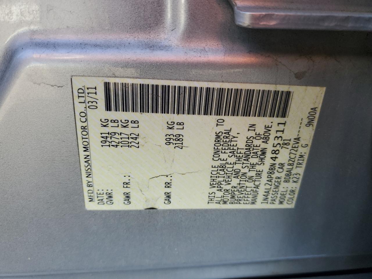 2011 Nissan Altima VIN 1N4AL2AP8BN485311 Copart auction photo, front end damage thumbnail 12