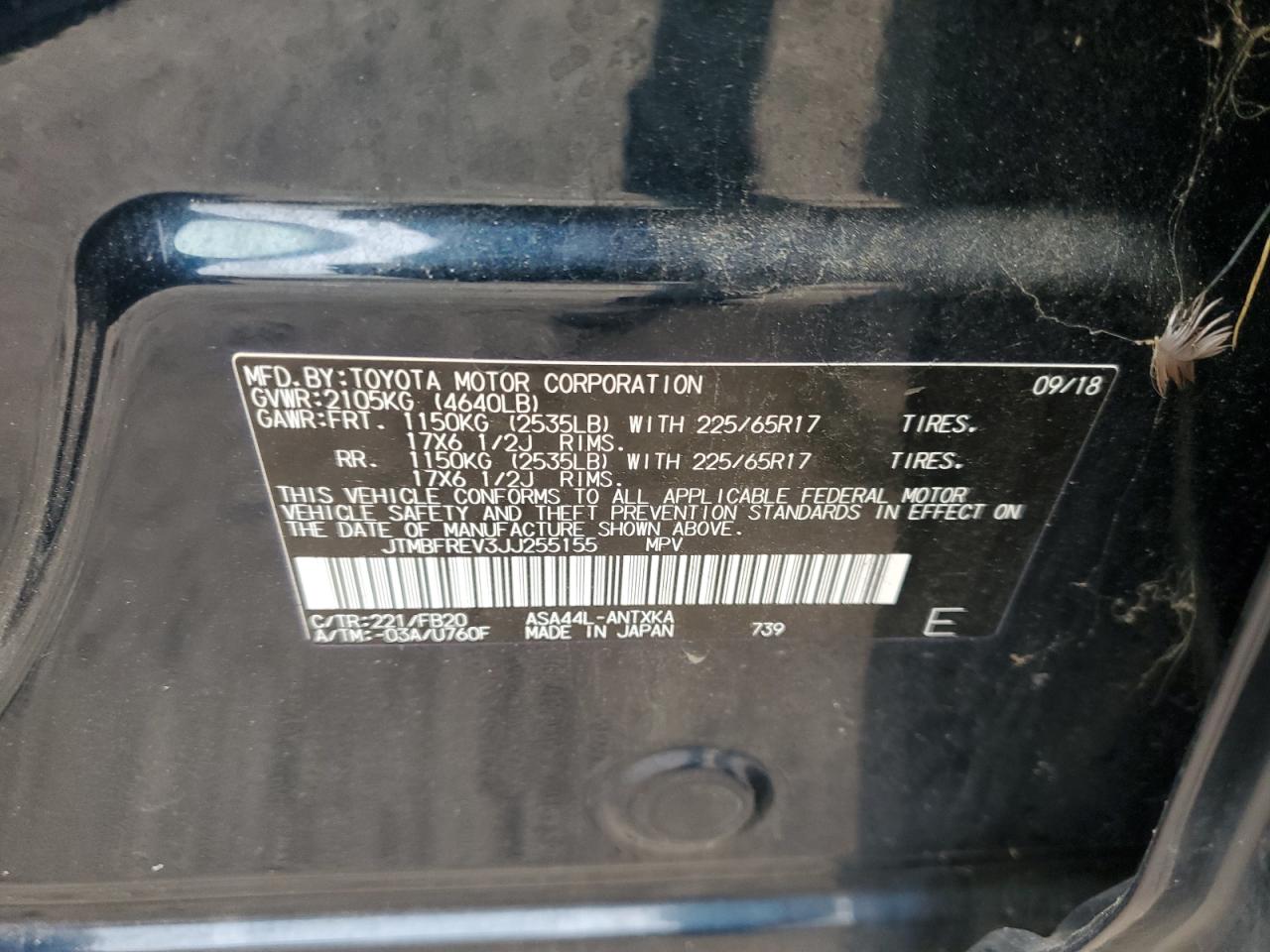 2018 Toyota RAV 4 VIN JTMBFREV3JJ255155 Copart auction photo, rear end damage thumbnail 14