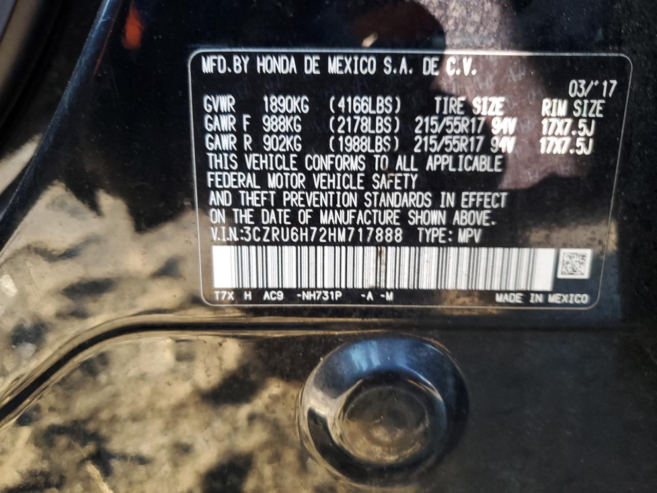 2017 Honda HR-V VIN 3CZRU6H72HM717888 Copart auction photo, biohazard/chemical / front end damage thumbnail 14
