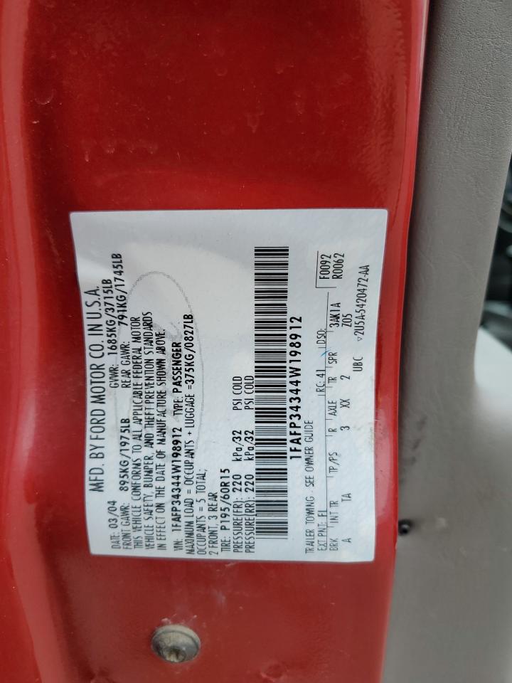 2004 Ford Focus VIN 1FAFP34344W198912 Copart auction photo, all over damage thumbnail 12
